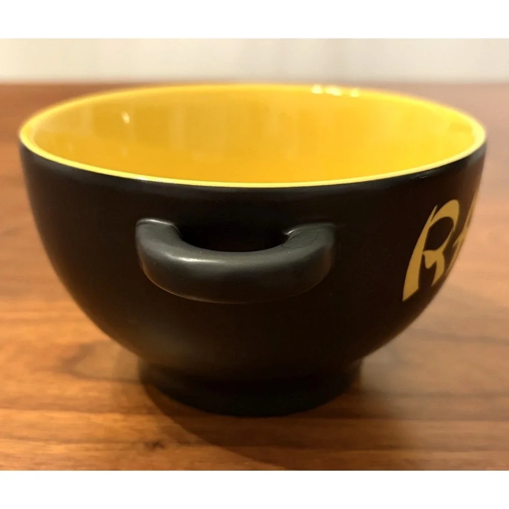 World Market Ramen Noodle Bowl Black Matte Ceramic Yellow Interior with Handles